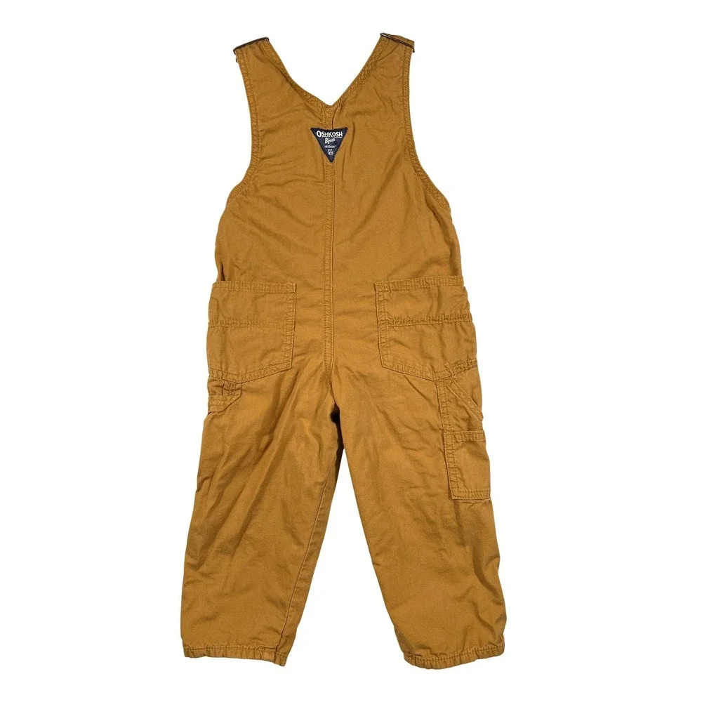 OshKosh Bgosh 3T Toddler Boy Brown Canvas Flannel Lined Overalls School Play EUC